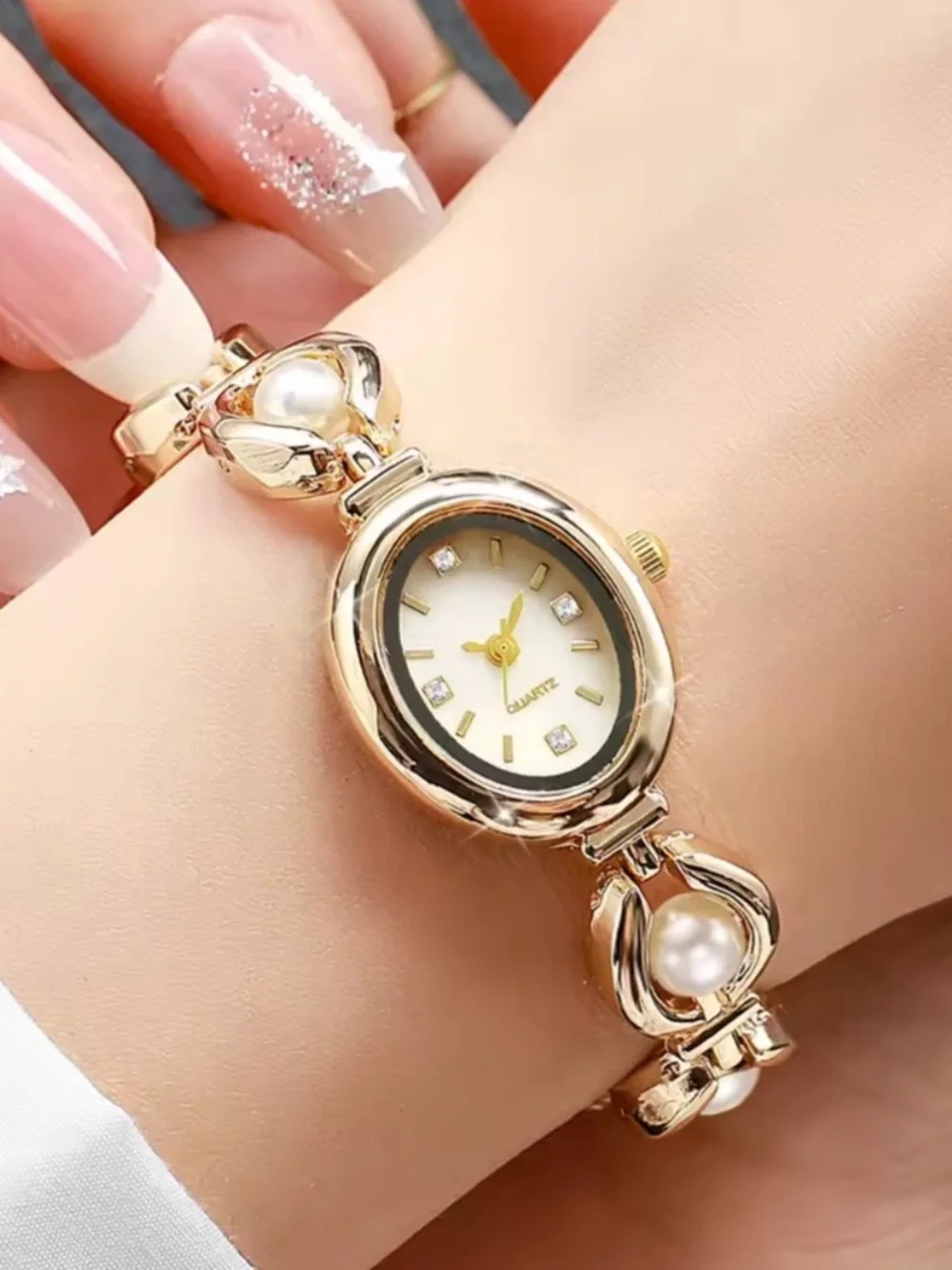 Gold Pearl Accent Women's Bracelet Watch